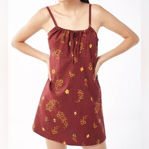 Urban Outfitters Ester Linen Blend Tie-Front Burgundy Floral Mini Dress Small